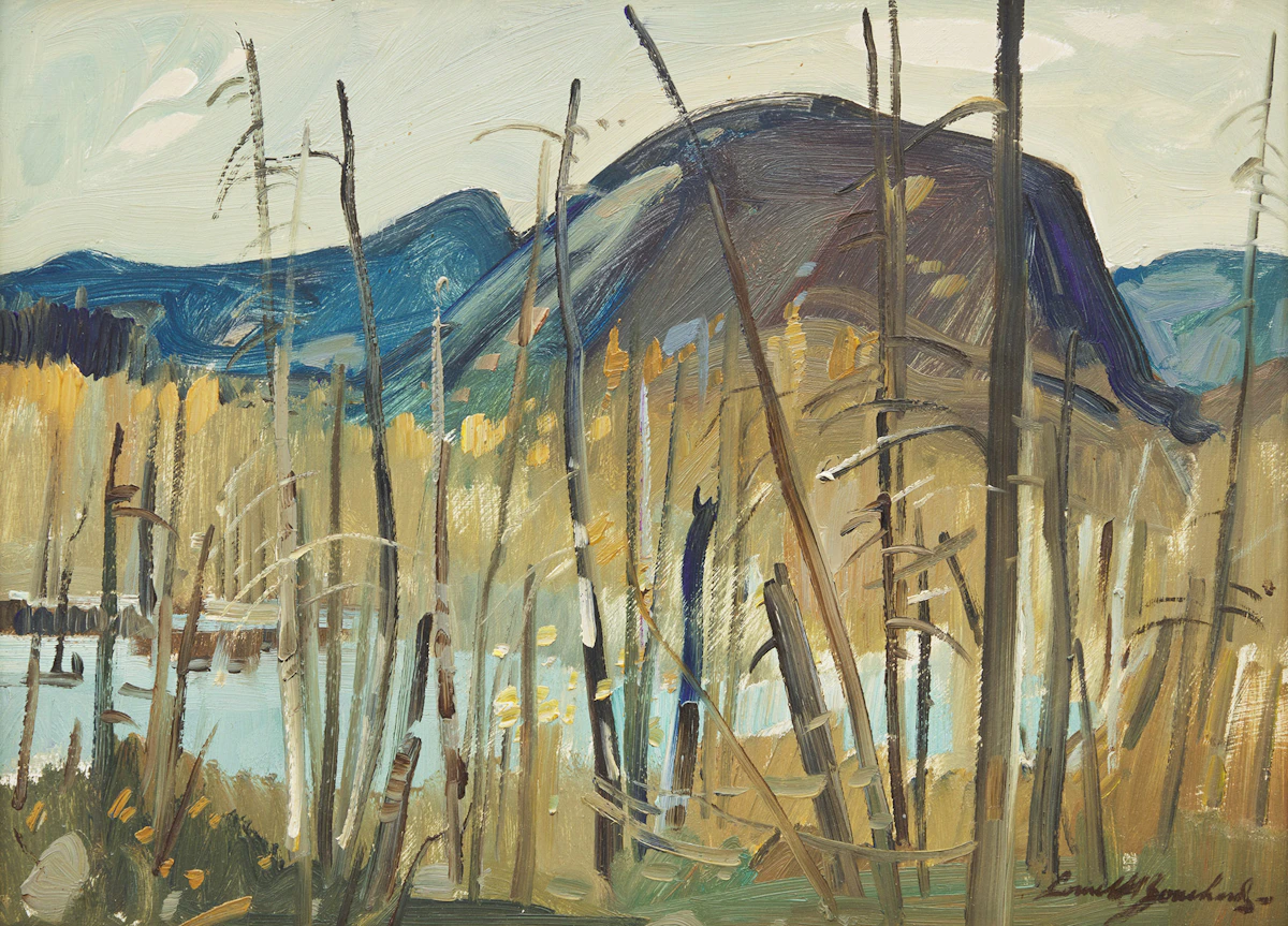 George Lorne Holland Bouchard, Laurentides en Octobre - Comte Charlevoix; The St. Lawrence River (Below Quebec), two oil paintings on board, 1900