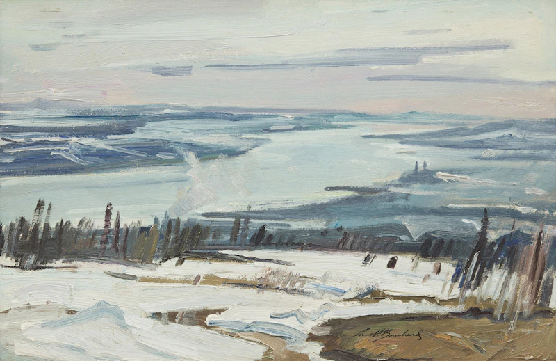 George Lorne Holland Bouchard, Laurentides en Octobre - Comte Charlevoix; The St. Lawrence River (Below Quebec), two oil paintings on board, 1900 - view 4