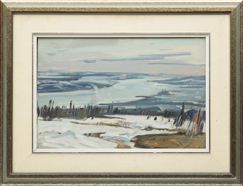 George Lorne Holland Bouchard, Laurentides en Octobre - Comte Charlevoix; The St. Lawrence River (Below Quebec), two oil paintings on board, 1900 - view 5