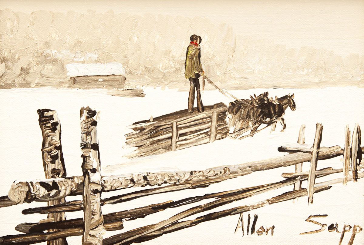 Allen Sapp, Delivering the Wood, acrylic on canvas mounted on wood, 1976