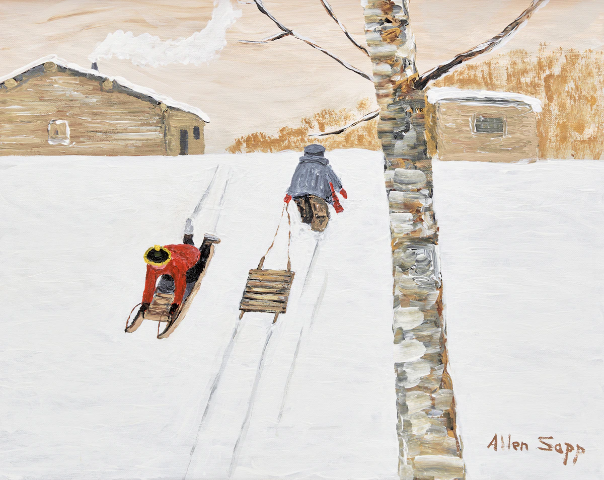 Allen Sapp, Children Sledding, acrylic on canvas