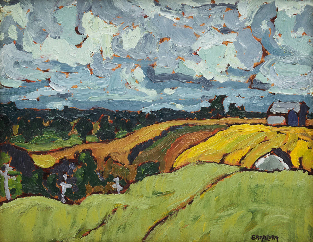 Phil Richard Ermacora, Untitled (Hills in Autumn); Untitled (Shoreline Landscape), two oil paintings on board