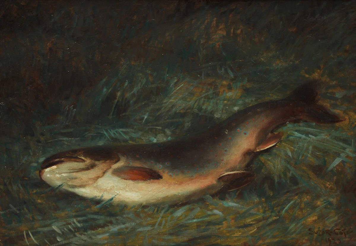 Marc-Aurèle de Foy Suzor-Coté, Truite sur l’herbe, oil on canvas, 1920