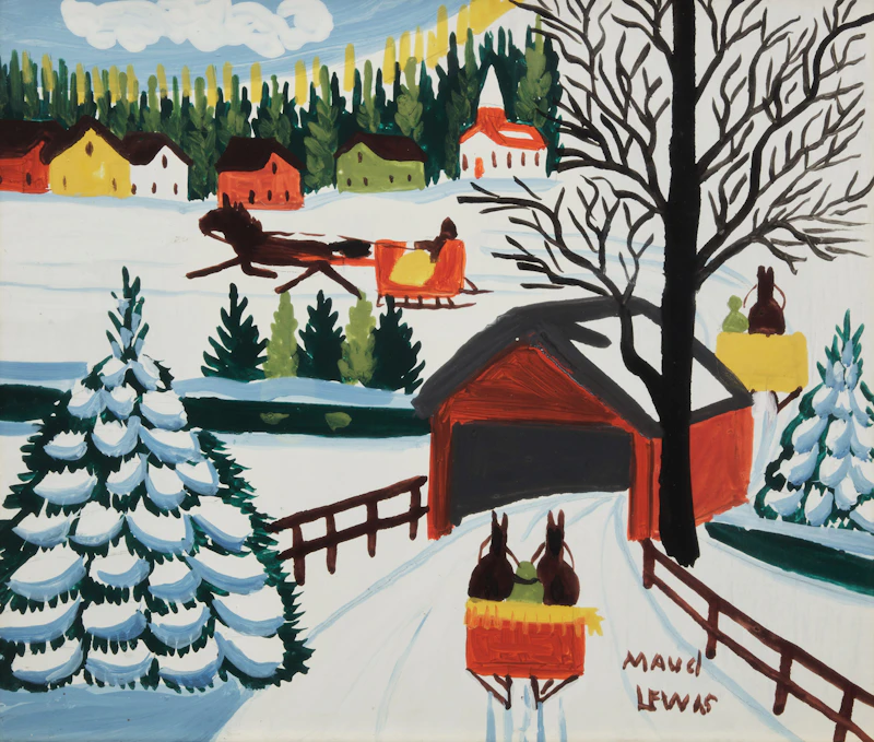 Maud Lewis, Winter Sleighing Scene, mixed media on board mounted to masonite