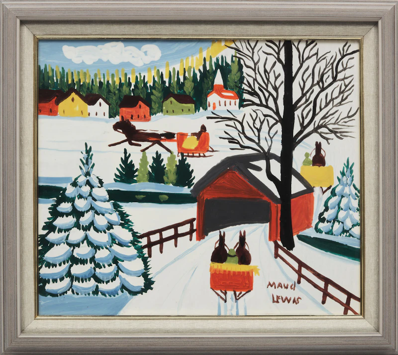 Maud Lewis, Winter Sleighing Scene, mixed media on board mounted to masonite, 1965 - view 2