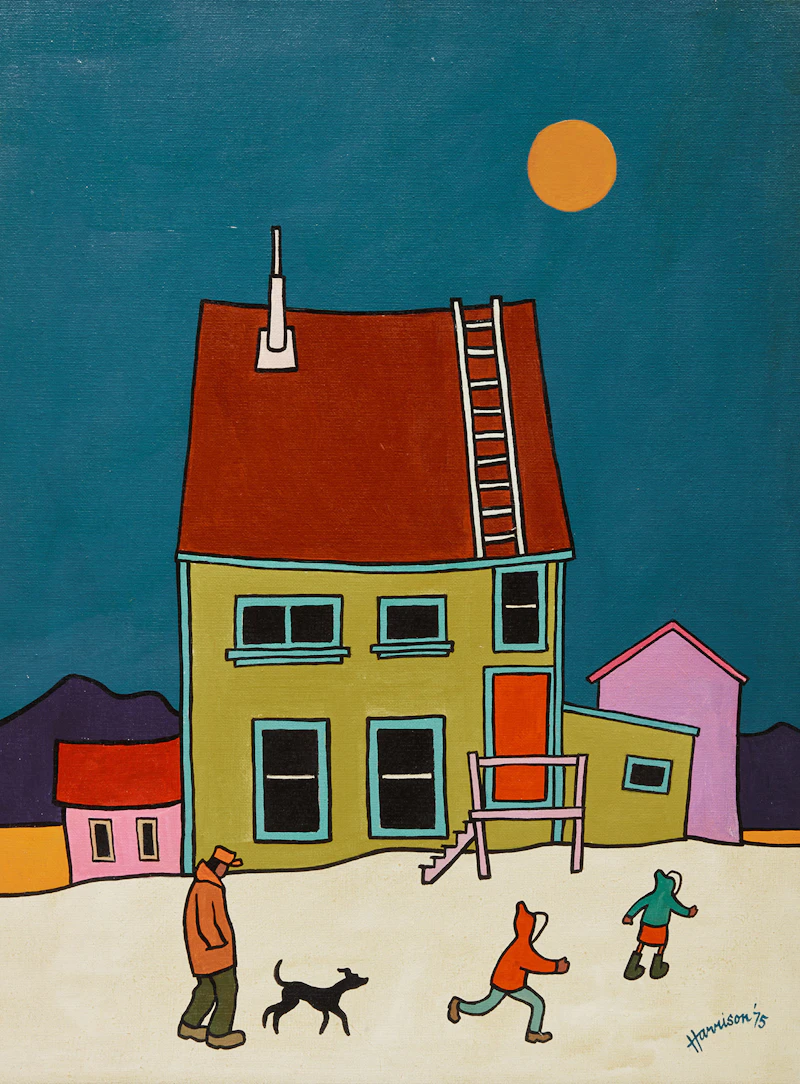 Ted Harrison, Yellow House, Atlin, acrylic on canvas