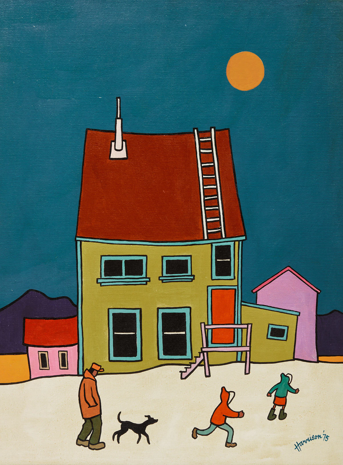 Ted Harrison, Yellow House, Atlin, acrylic on canvas, 1975