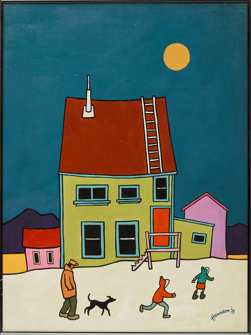 Ted Harrison, Yellow House, Atlin, acrylic on canvas, 1975 - view 2