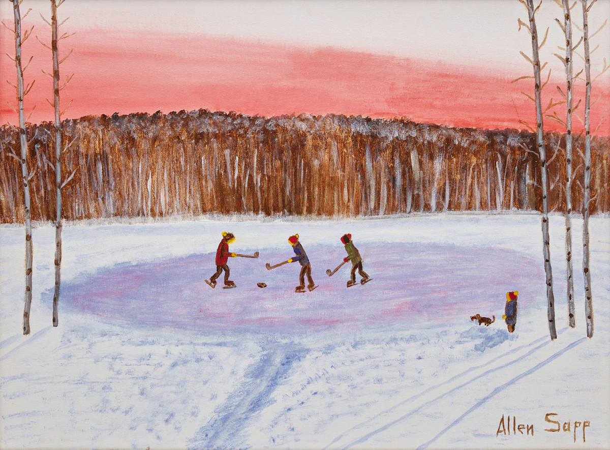 Allen Sapp, Playing Hockey, acrylic on canvas