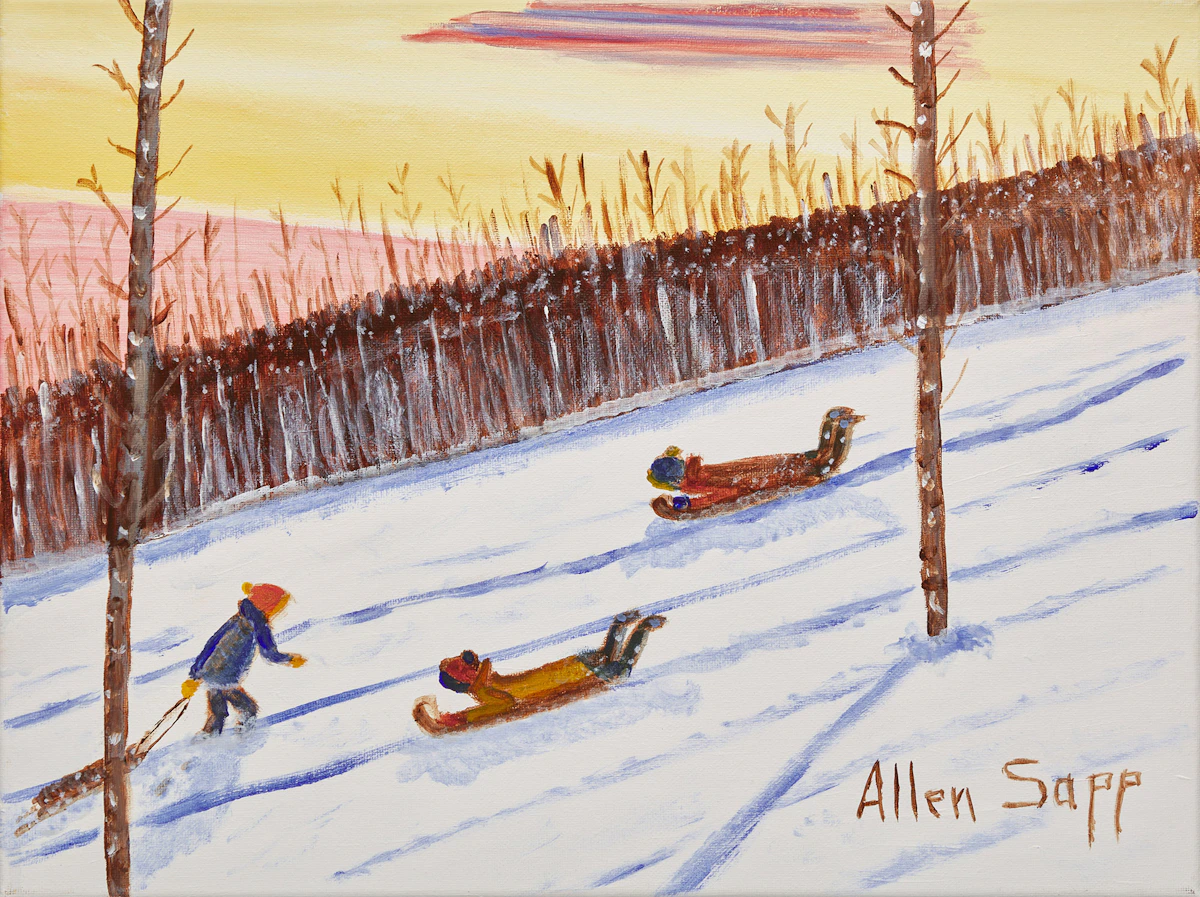 Allen Sapp, Sledding, acrylic on canvas
