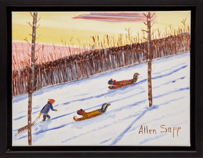 Allen Sapp, Sledding, acrylic on canvas - view 2