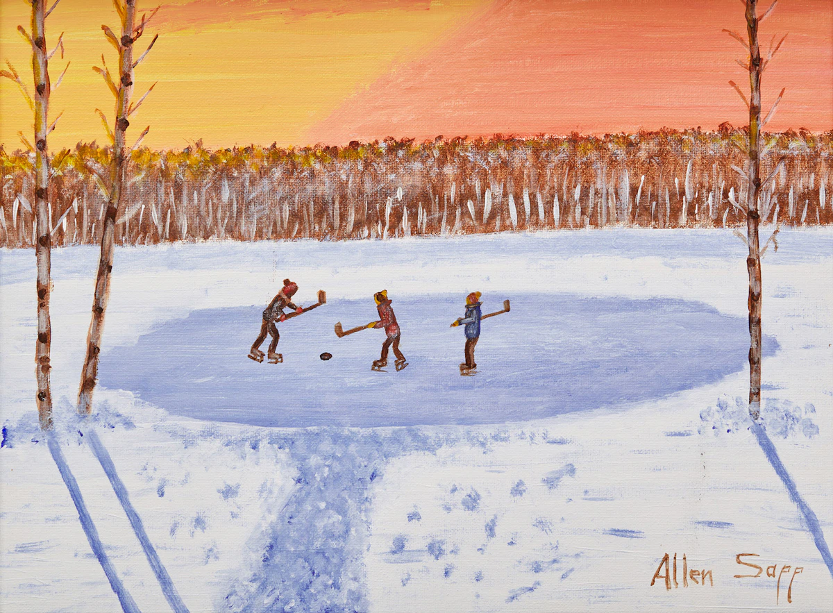 Allen Sapp, Hockey at Sunset, acrylic on canvas