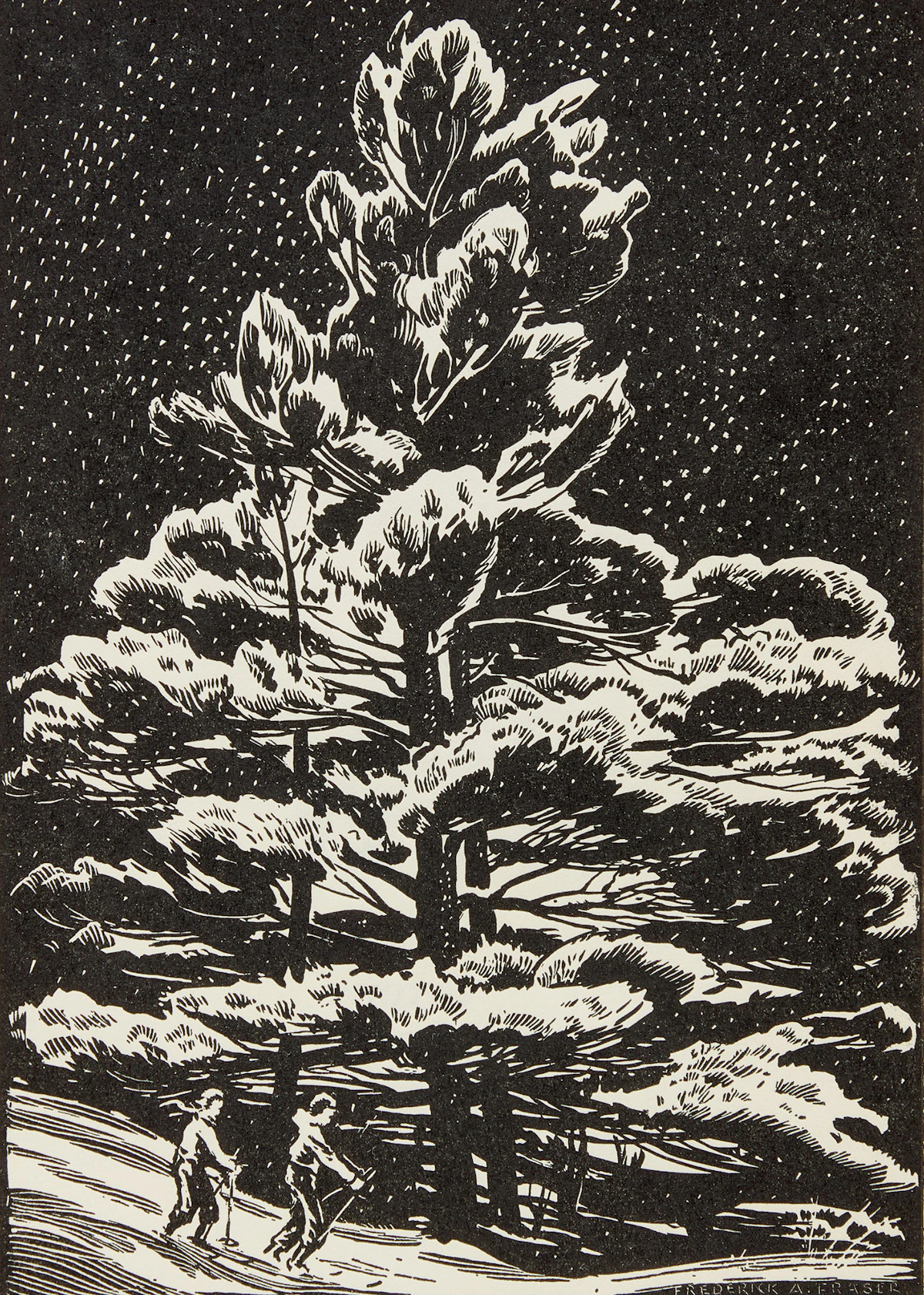 Frederick Alexander Fraser, White Snow and White Pine, Muskoka, c.1960; Hogs Hollow Beach and Maple, c.1935, two linocut and ink on paper prints