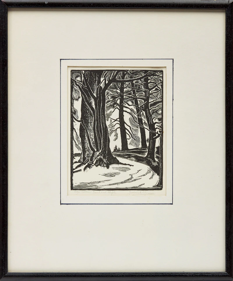 Frederick Alexander Fraser, White Snow and White Pine, Muskoka, c.1960; Hogs Hollow Beach and Maple, c.1935, two linocut and ink on paper prints - view 5