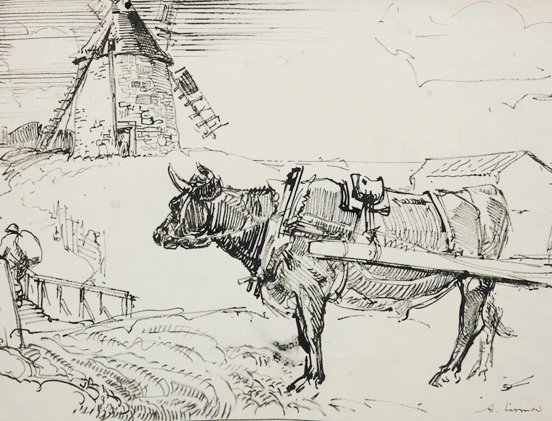 Arthur Lismer, Isle-aux-Coudres, Mill & Ox Cart, ink drawing
