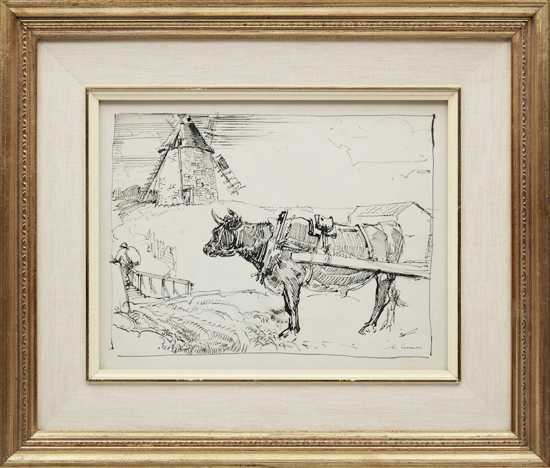 Arthur Lismer, Isle-aux-Coudres, Mill & Ox Cart, ink drawing - view 2