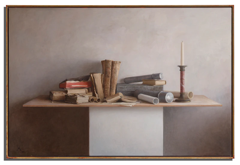 Guillermo Muñoz Vera, Libros antiguos y palmatoria II, 2002, oil and alkyd on canvas laid on to board - view 2