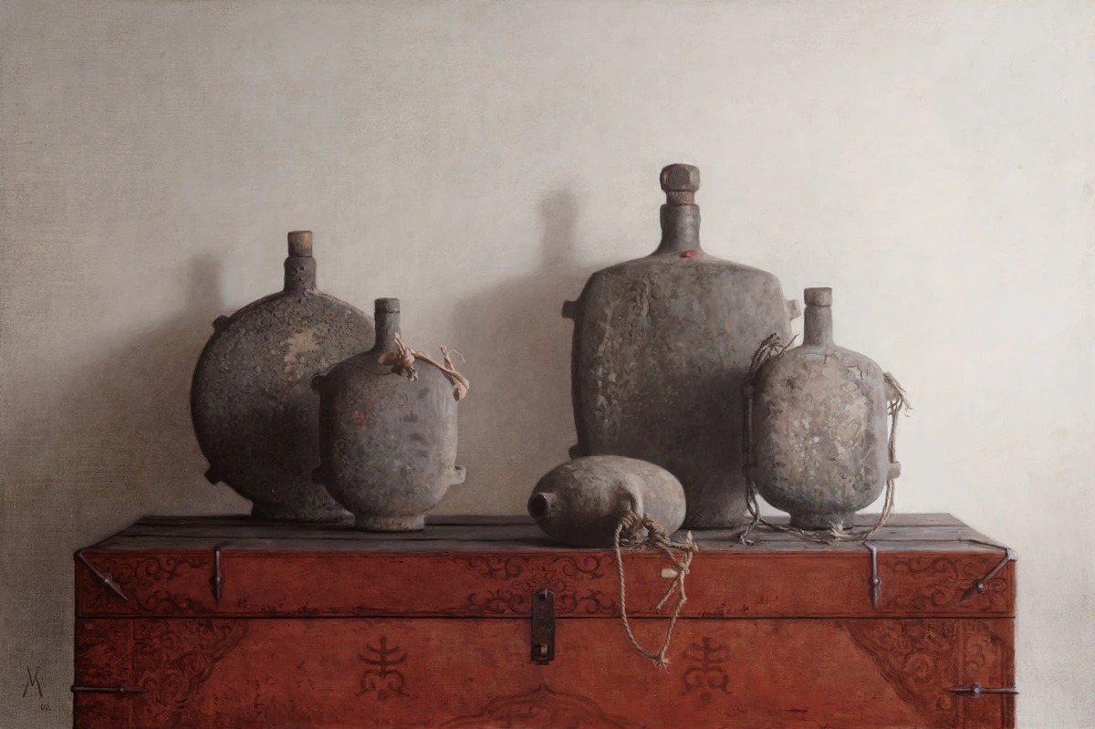 Guillermo Muñoz Vera, Cantimploras chinas, 2002, oil and alkyd on canvas laid on to board