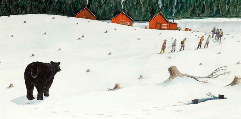 William Kurelek, Lumberjacks Returning to Camp, mixed media on board