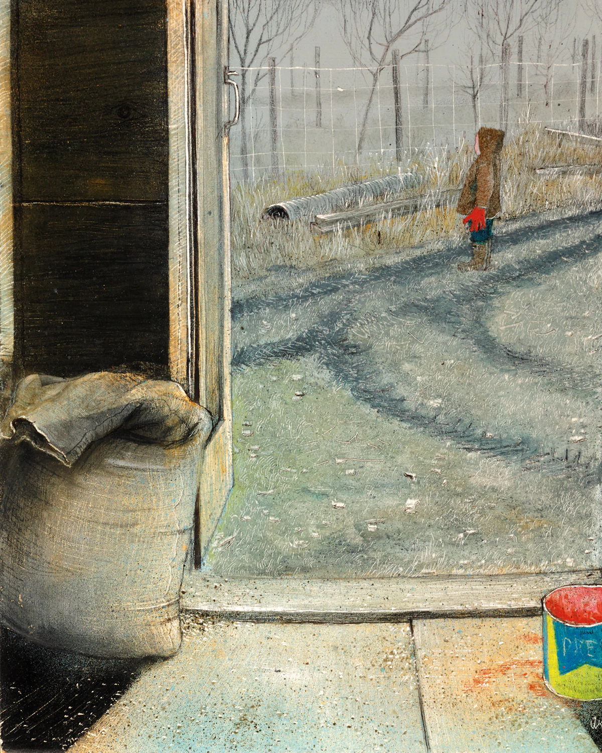 William Kurelek, Fog on the Barn, mixed media on board, 1969