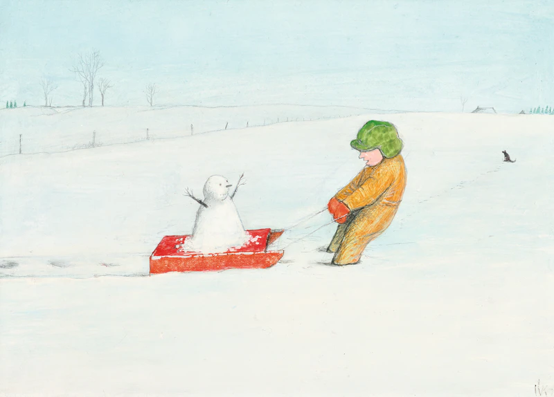 William Kurelek, A Little Girl and Her Snowman, 1973, mixed media on board