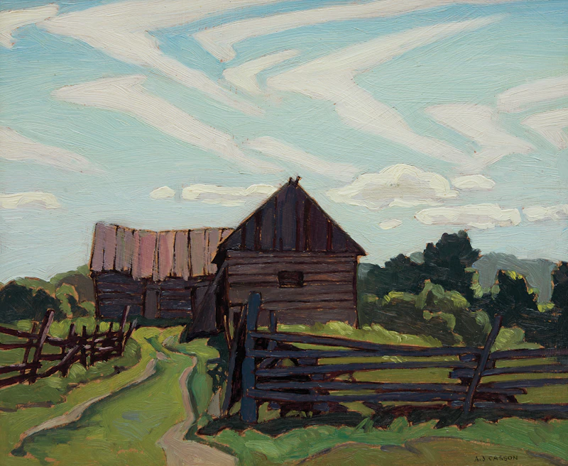 Alfred Joseph Casson, Log Barn, Haliburton, 1929, oil on board