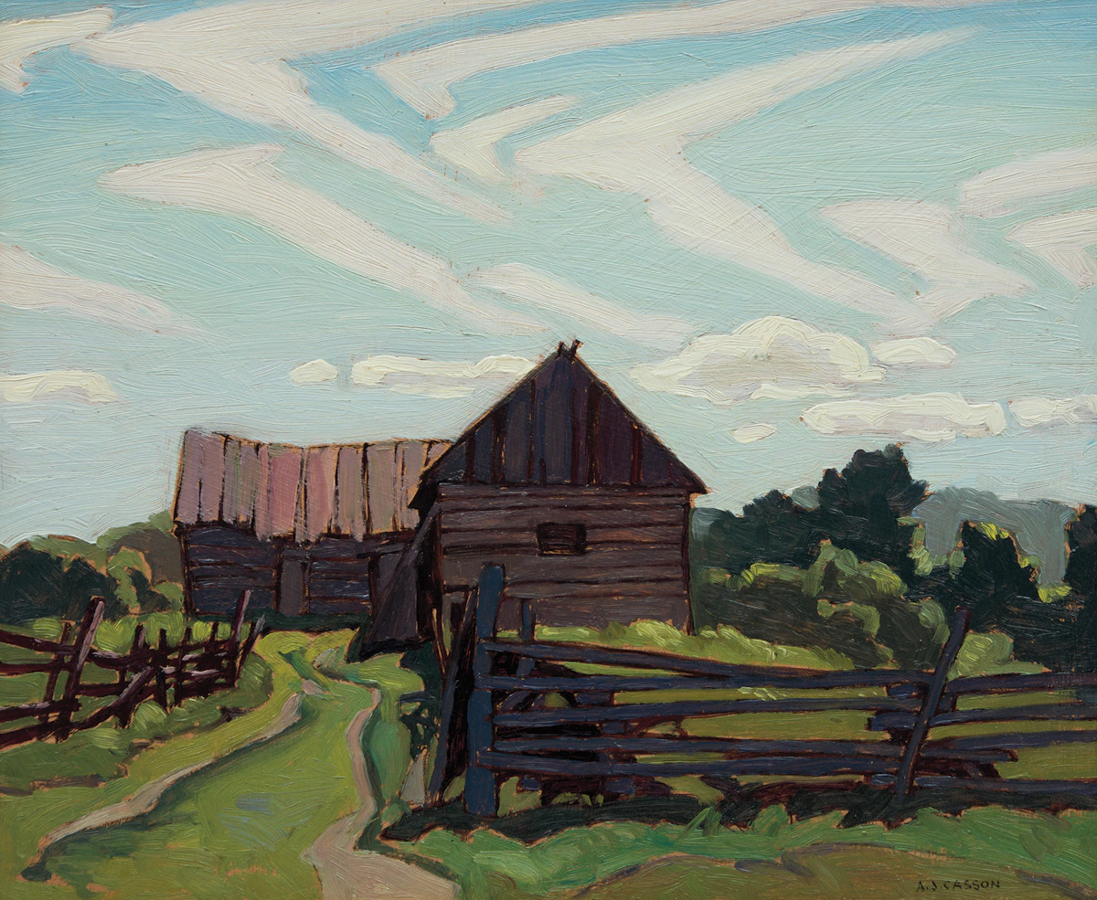 Alfred Joseph Casson, Log Barn, Haliburton, 1929, oil on board