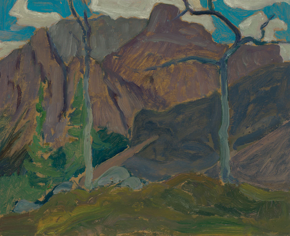 James Edward Hervey MacDonald, Cathedral Mountain (Wiwaxy Peaks from Above Shäeffer Lake), circa 1927, oil on board