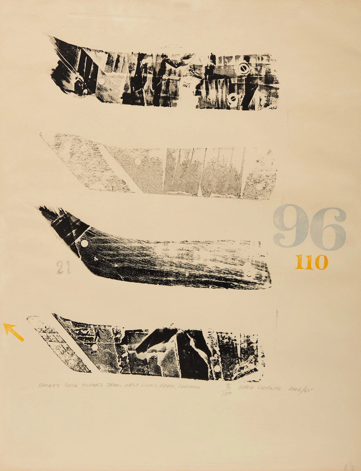 Gregory Richard Curnoe, Hockey Stick Blades From West Lion Park, London (from the “Toronto 20 Portfolio”), 1965, mixed media print