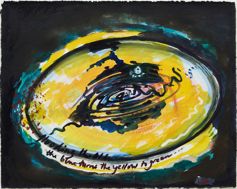 Landon Mackenzie, The Blue Turns the Yellow to Green... (Study from Oldman River Expedition), mixed media on paper