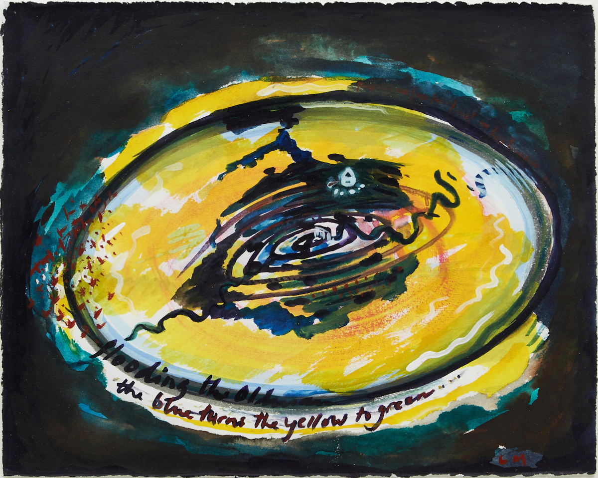 Landon Mackenzie, The Blue Turns the Yellow to Green... (Study from Oldman River Expedition), mixed media on paper