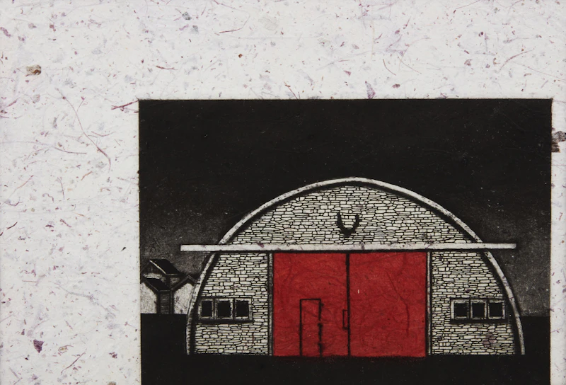 David Thauberger, Red Door, aquatint with chine collée
