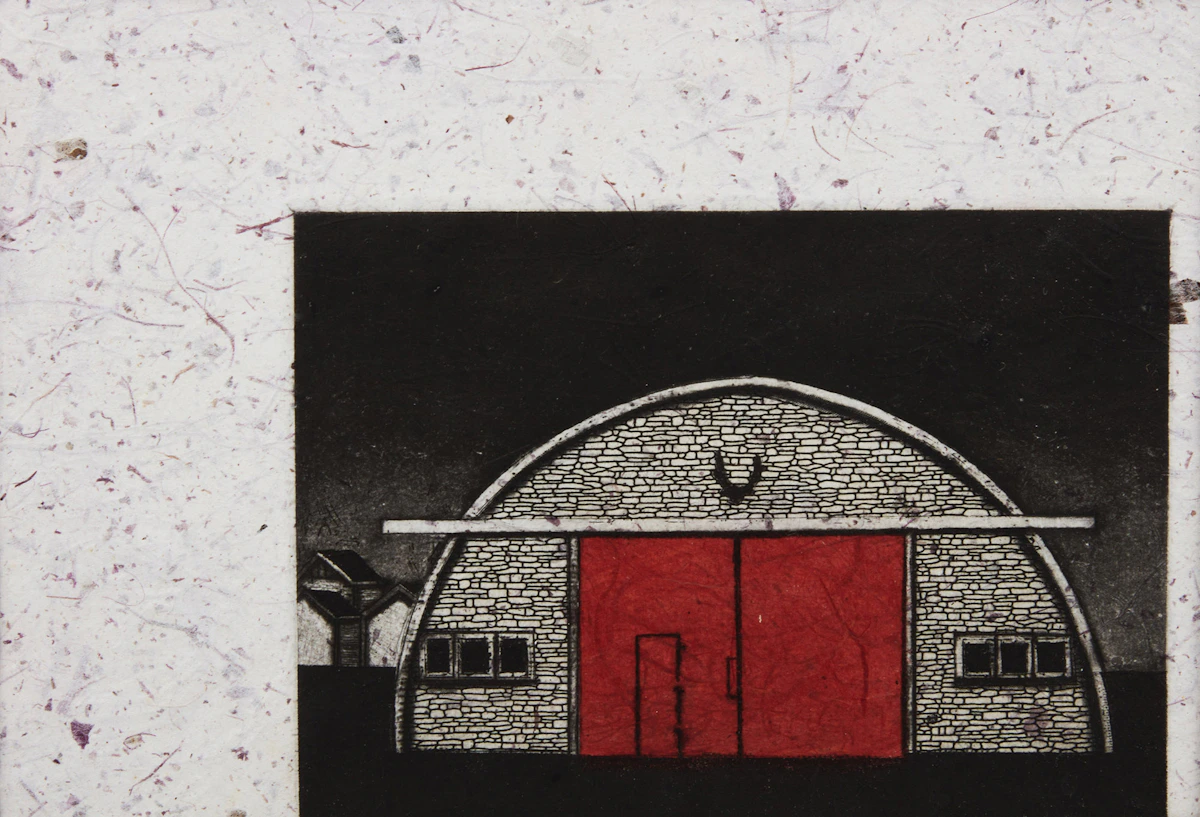 David Thauberger, Red Door, aquatint with chine collée