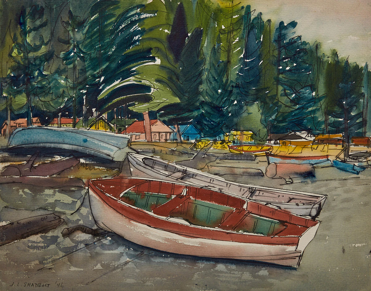 Jack Leonard Shadbolt, Boats, Buccaneer Bay, B.C. (B78) , watercolour and ink, 1946