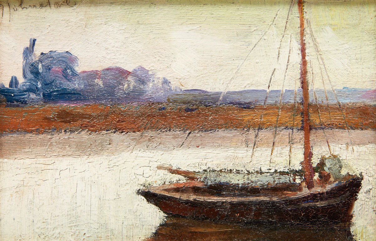 John Young Johnstone, Ship in the Lake, oil on board
