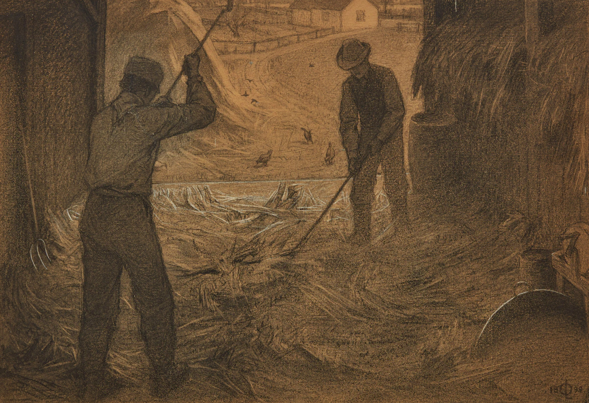 Ozias Leduc, Batteurs au fléau (Du train qu’ils y allaient ...), charcoal with white gouache highlights on laid paper, 1899