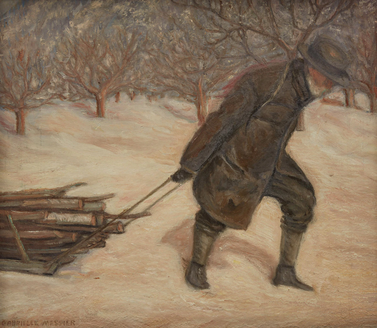 Gabrielle Messier, Portrait d’Ozias Leduc traînant un voyage de bois, oil on board, 1942