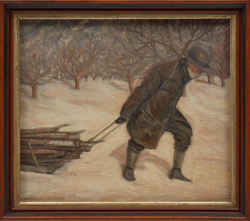 Gabrielle Messier, Portrait d’Ozias Leduc traînant un voyage de bois, oil on board, 1942 - view 2