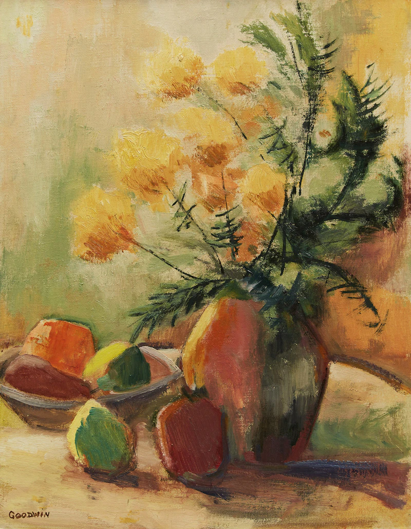 Betty Roodish Goodwin, Still Life with Fruit and Flowers, oil on canvas board