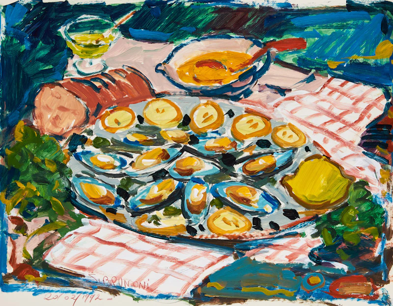 Serge Brunoni, Still Life with Oysters, oil on paper