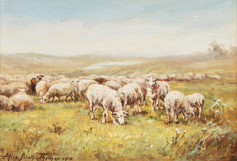 Alice Blair Pollard Thomas, Grazing Sheep, oil on board
