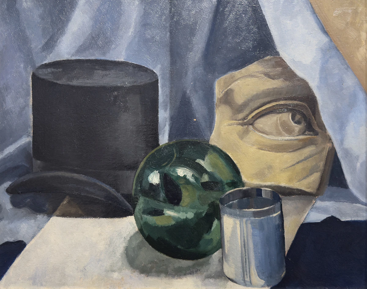 Bertram Richard Brooker, Still Life with Top Hat, Stone Fragment, Glass Ball and Tumbler, 1931, oil on board