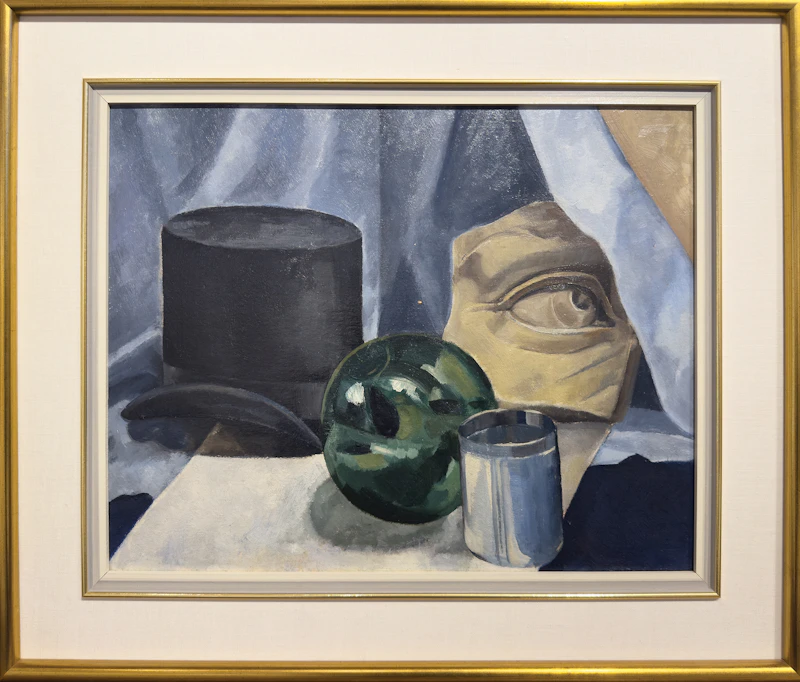 Bertram Richard Brooker, Still Life with Top Hat, Stone Fragment, Glass Ball and Tumbler, 1931, oil on board - view 2