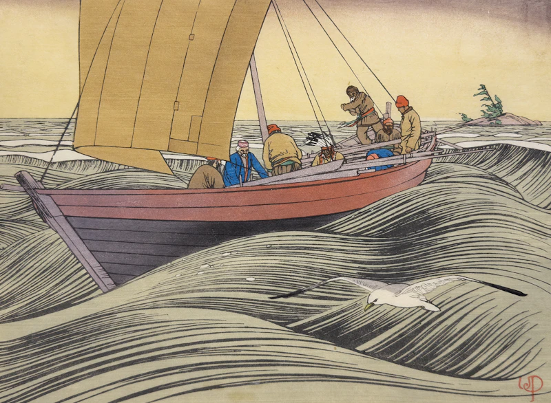 Walter Joseph Phillips, York Boat on Lake Winnipeg, 1930, colour woodcut on paper - view 1
