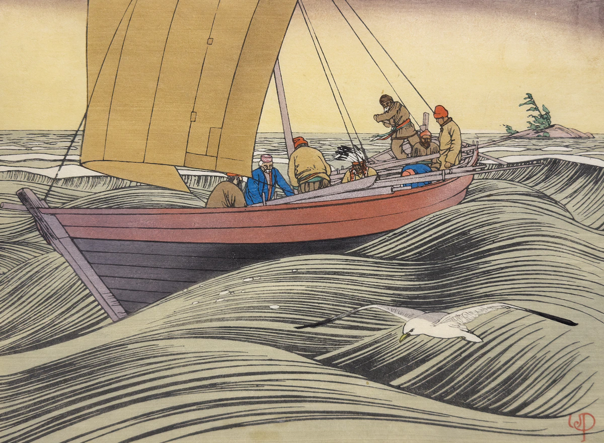 Walter Joseph Phillips, York Boat on Lake Winnipeg, 1930, colour woodcut on paper