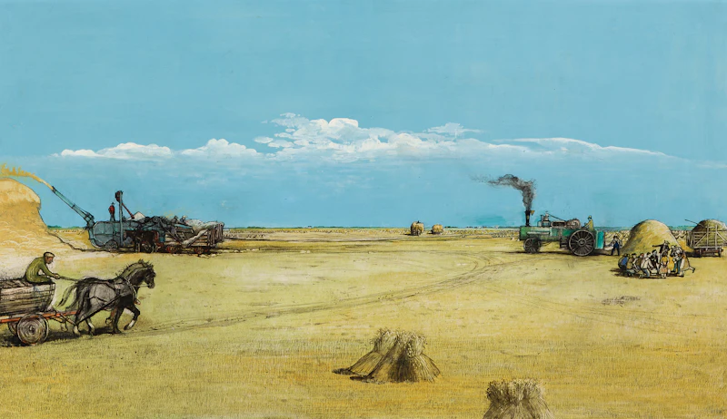 William Kurelek, Negrich Family Threshing Outfit, oil and graphite on masonite