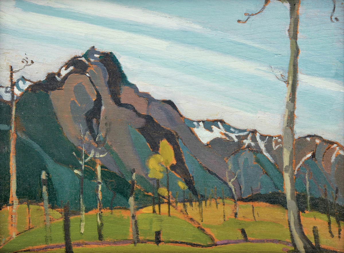 Anne Douglas Savage, Landscape with Skeena Mountains, 1927, oil on board