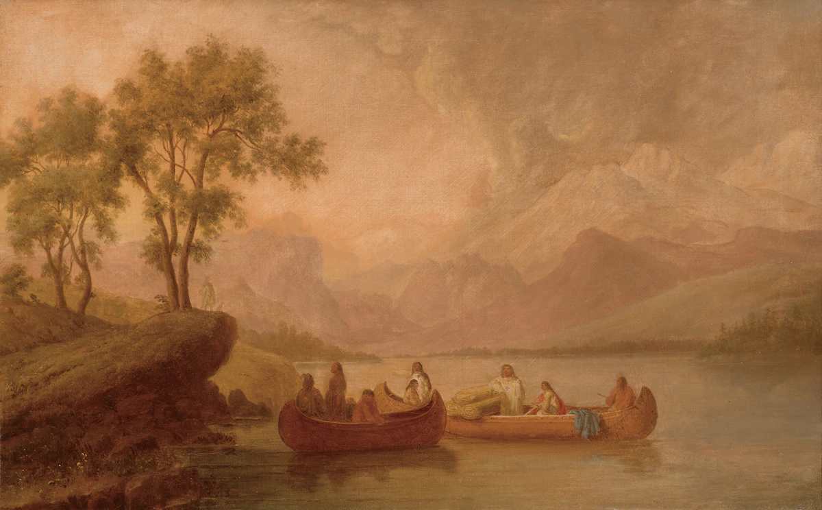 Paul Kane, Party of Indians in Two Canoes on Mountain Lake, circa 1855, oil on canvas