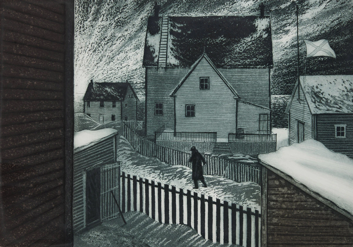 David Lloyd Blackwood, Skipper Nat Walking Home, colour etching and aquatint, 1982