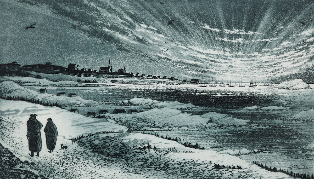 David Lloyd Blackwood, Wesleyville From Badgers Quay, colour etching and aquatint, 1979